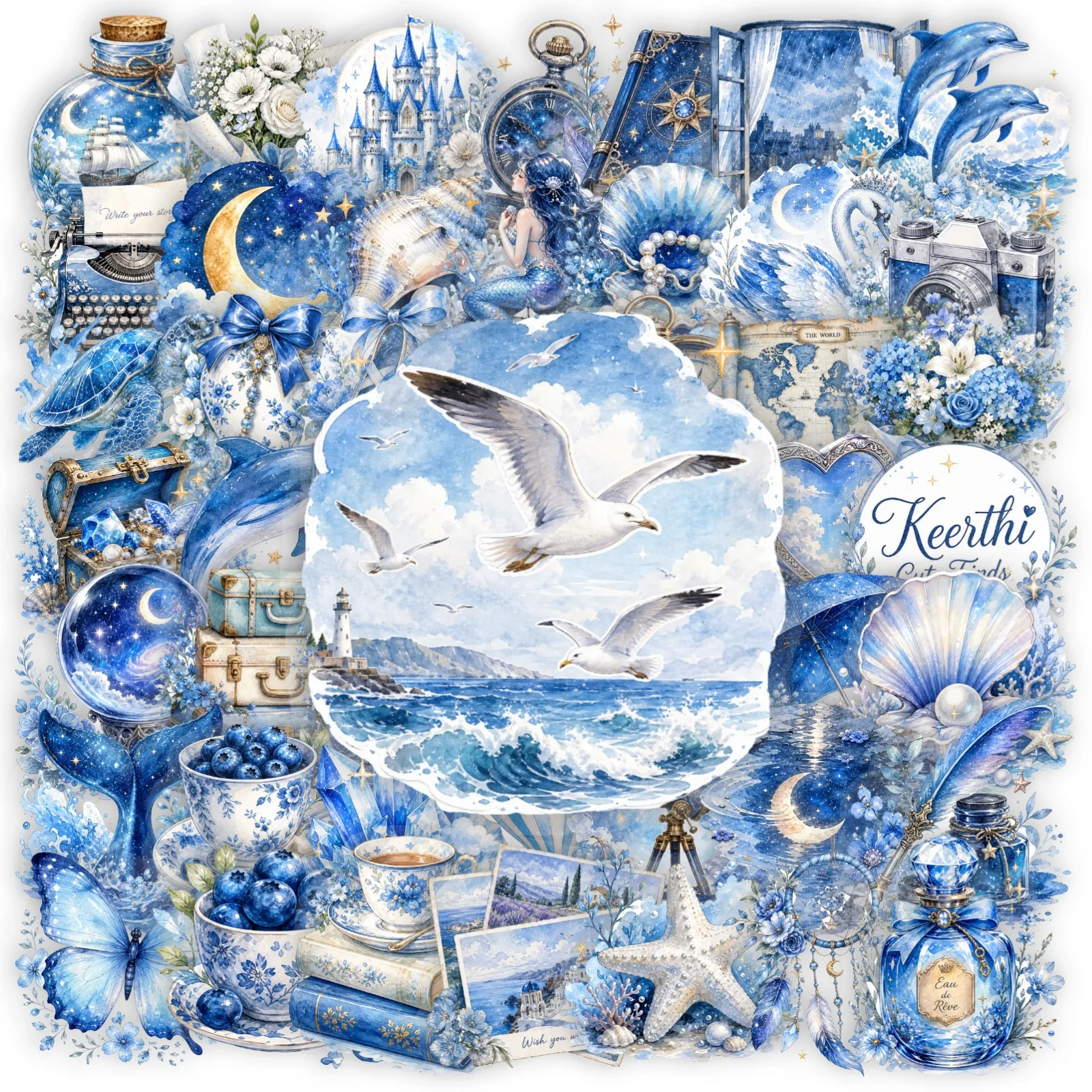 50PCS Blue Ocean Mermaid Transparent PET Stickers Nautical Seagull Dolphin Shell Castle Decal Classic Toy Journal Decor Stickers