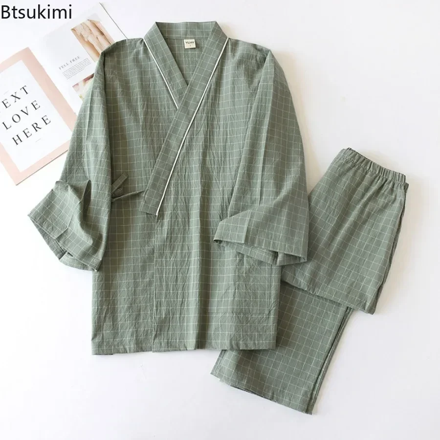 

Men's Pajamas Sets Japanese Kimono Robe Sets Comfortable 100% Cotton Plaid Loose Casual Home Bathrobes Long Pants Two Piece Sets