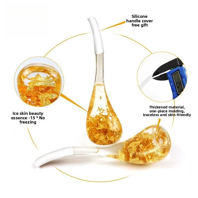 Massaggiatore con globo di ghiaccio in lamina d'oro, palla per terapia facciale refrigerata e cucchiaio per la cura degli occhi, strumento per il trattamento della pelle criogenica ringiovanente, set da 2 pezzi