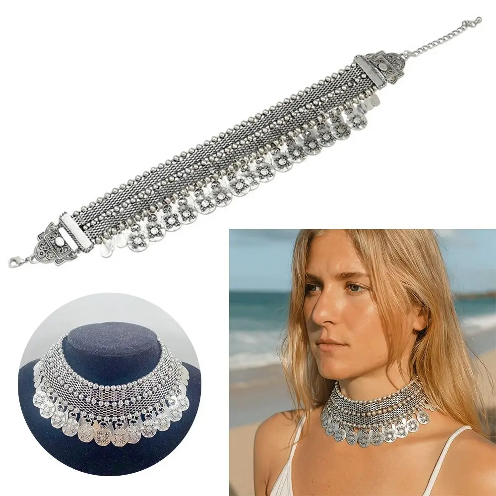 فضية اللون خمر القلائد سبيكة شكل هندسي بوهو القلائد عملة قلادة شرابة تصميم القلائد التركية الغجر الموضة #1