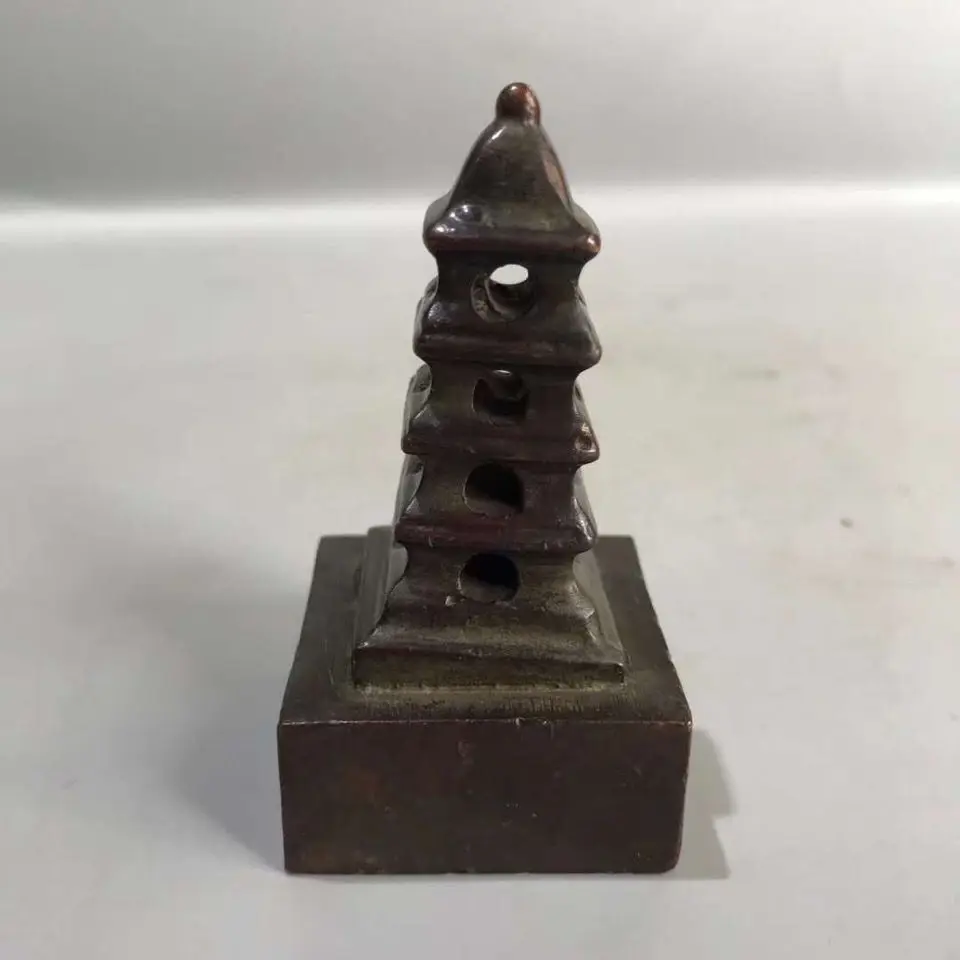 Old Patina Bronze Tower Shaped Seal Statue Antique Miscellaneous Collection Ornament Old Collection