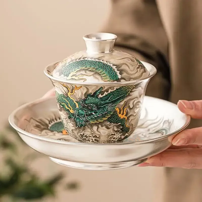 Qinglong Hand-painted Silver Sancai Cover Bowl Household Chinese Kung Fu 1Bowl 2Cup Teaset High-end Tea Bowl Gift Box for Friend