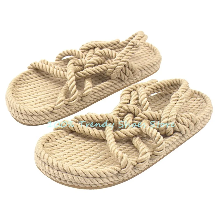 Retro Hweaving Roman Gladiator Women Sandals Summer Beach Outside Casual Shoes Peep Toe Emp Rope Cross Strap Ladies Flats