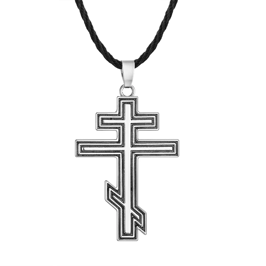 Vintage Russian Orthodox Cross Necklace for Men Women Byzantine Cross Pendant Christian Suppedaneum Cross Black Leather Jewelry