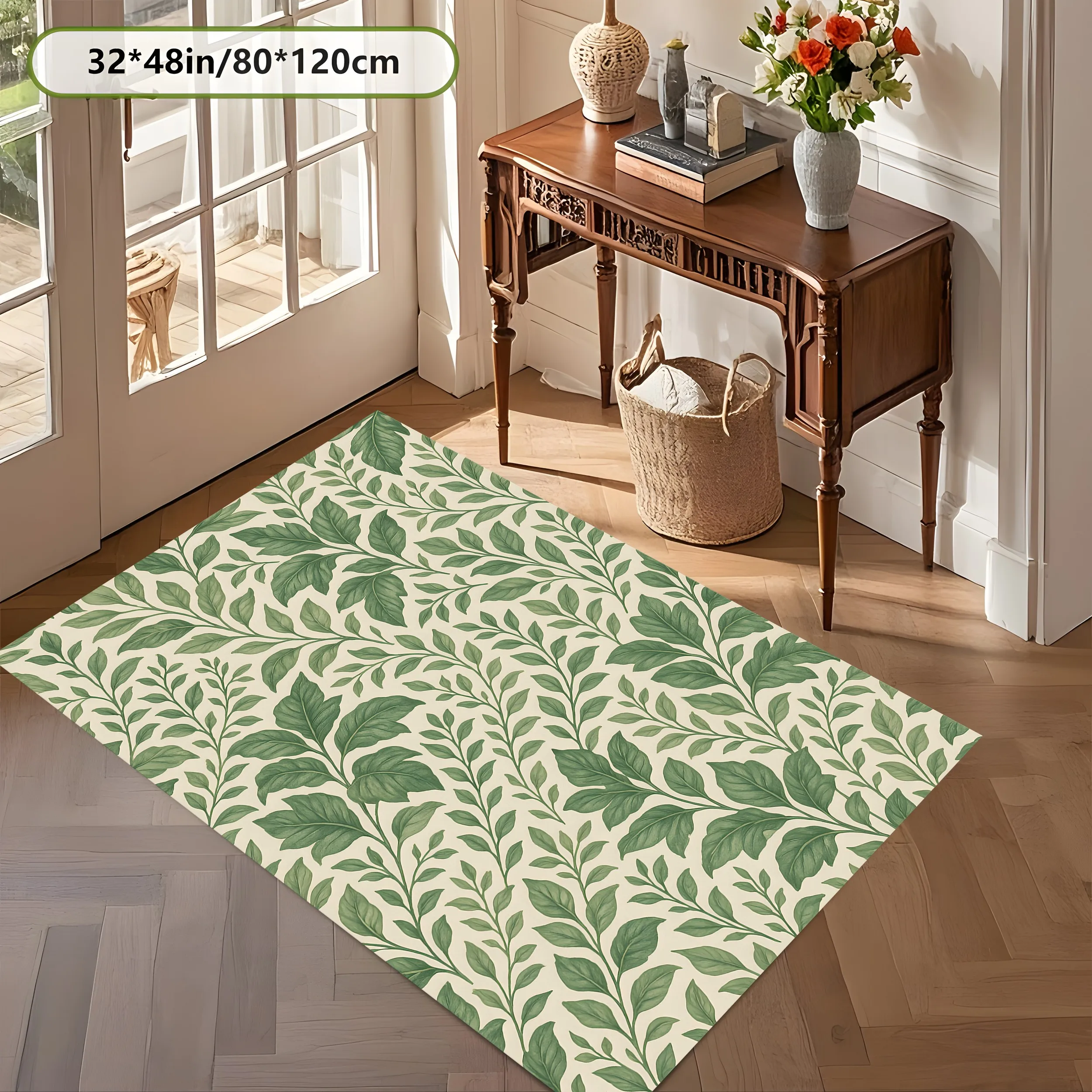 2D Carpet with Hand-Painted Green Leaf and Vine Pattern in Retro Forest Style for Living Room and Bedroom