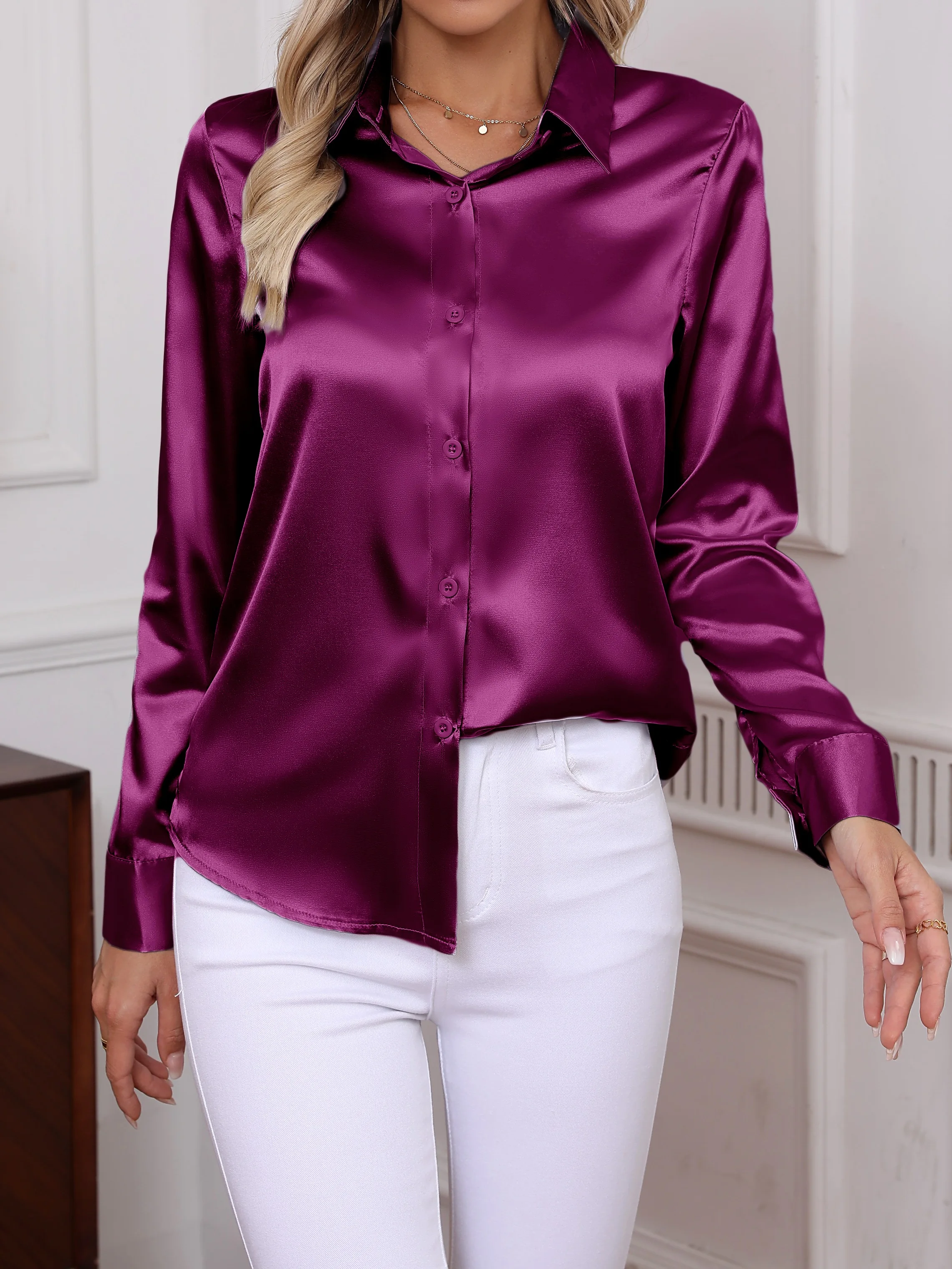 قميص نسائي أنيق بياقة دوران وزر أمامي مقلد اللون منقط بأكمام طويلة #4