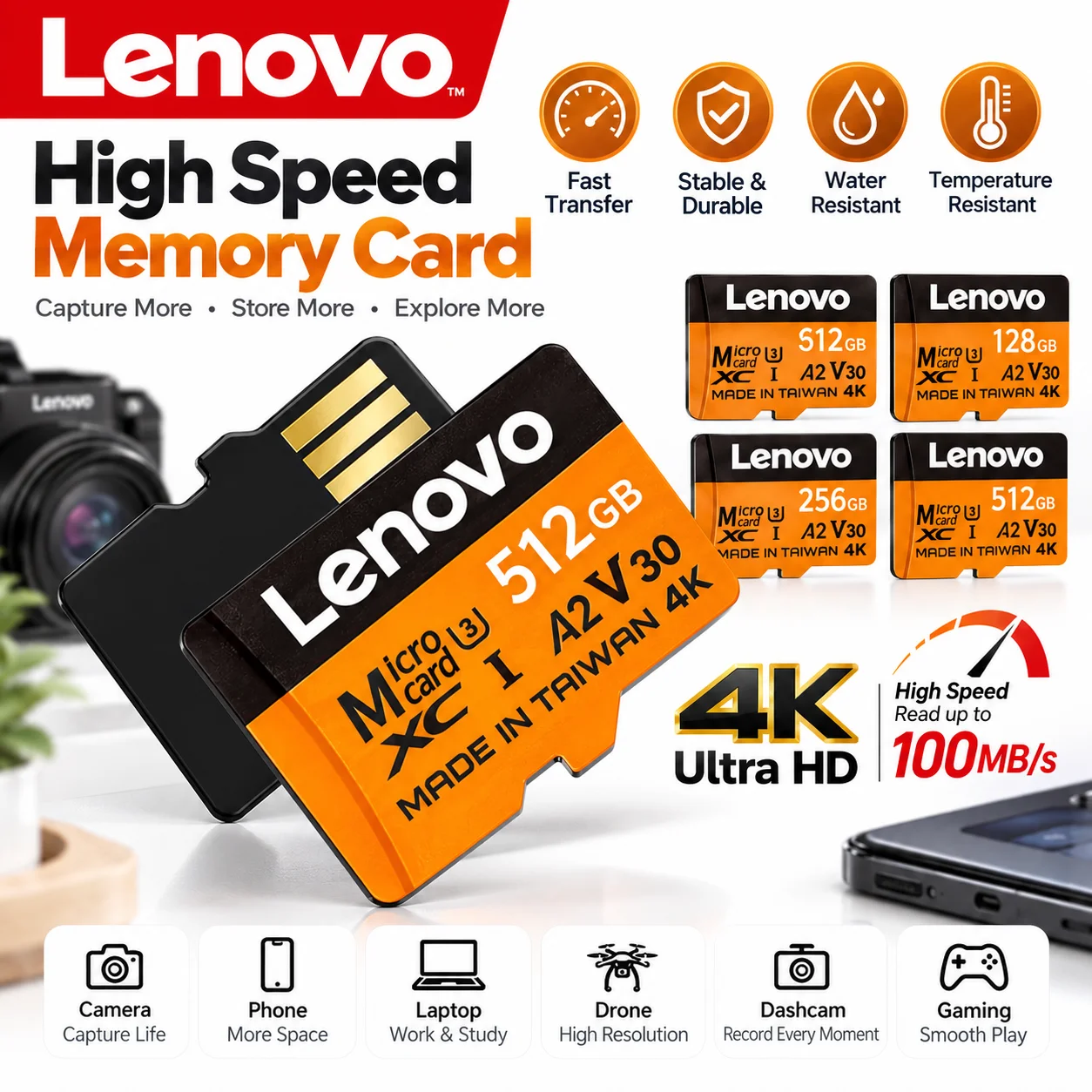 Lenovo High Speed Memory Card Class10 High Capacity V30 Micro SD Card Multiple Sizes For Switch Computer Phone Camera Monitoring