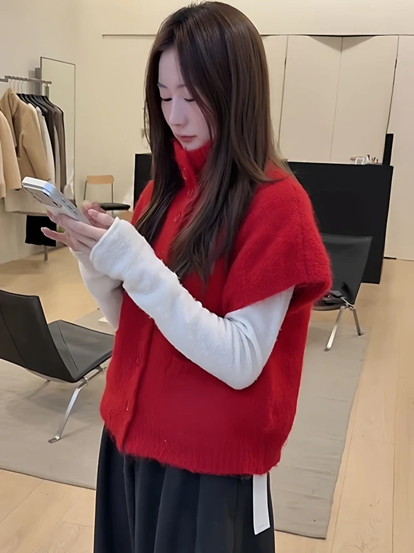 

Red High Collar Knitted Open Cardigan Women's Loose Slimming Top Spring New Year Faionable Casual Sle Comfortable Fit