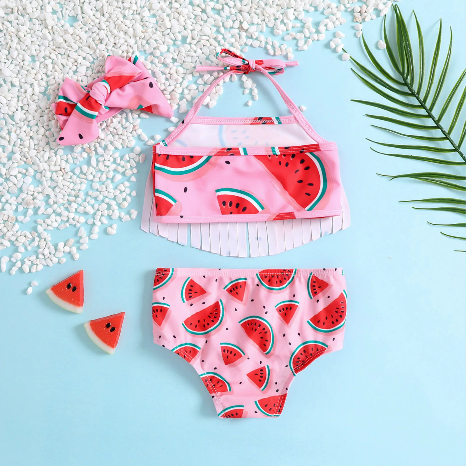 Baby two piece swimsuit with full print watermelon pattern,tassel top and matching bow hair accessory,suitable for pool play and