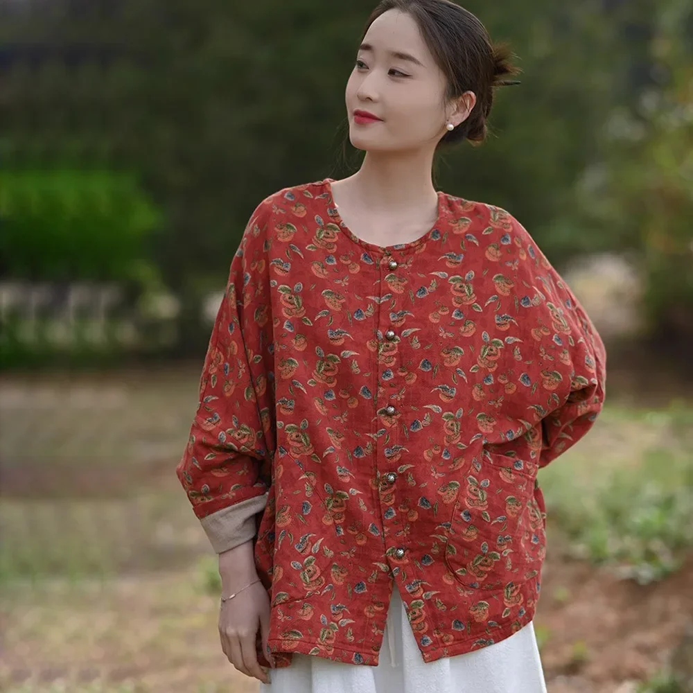 

Women's Pure Cotton Comfortable Casual Short Jacket Spring Bat Wing Long Sleeve Country Style Printed Retro Button Loose Outwear