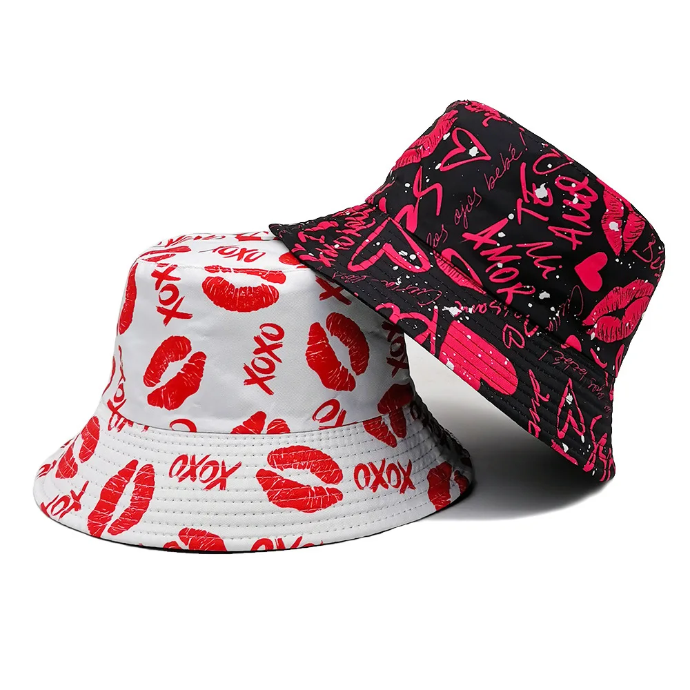 Romantic Red Lips Amor Love Print Reversible Bucket Hat Wide Brim Sun Protection Cap Unisex Summer Beach Dating Casual Fisherman
