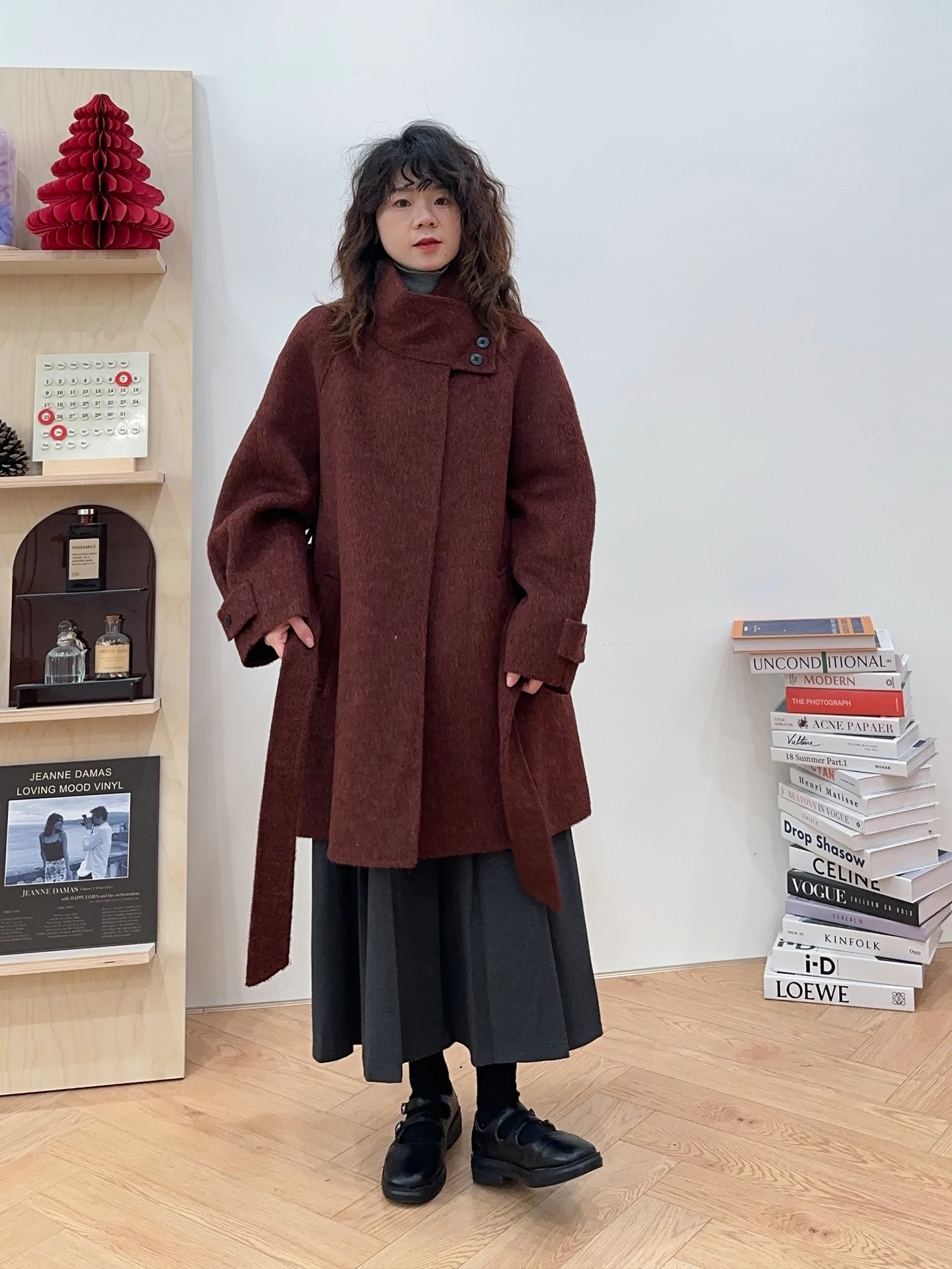 

Double-Faced Woolen Scorpion Pattern Coat with Belt Loose Fit Korean Sle Mid-Length Commute Winter Outerwear