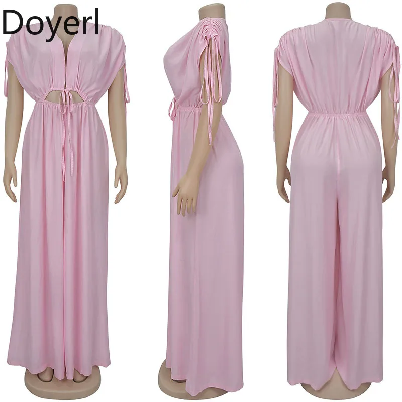 Doyerl Feste Beiläufige Breite Bein Overall Frauen Sommer Kleidung V-ausschnitt Kurzarm Aushöhlen Lose Strampler Einteilige Overalls
