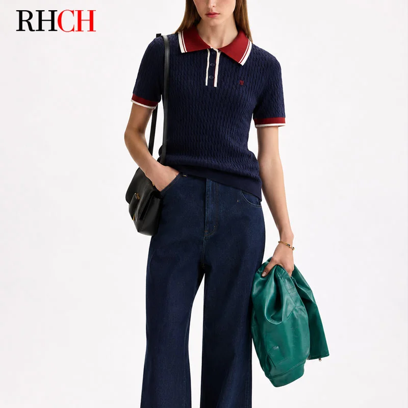RHCH Women's Knit Polo Shirt Short Sleeve Cable Pattern Embroidered Logo Contrast Collar Casual Elegant Summer Top
