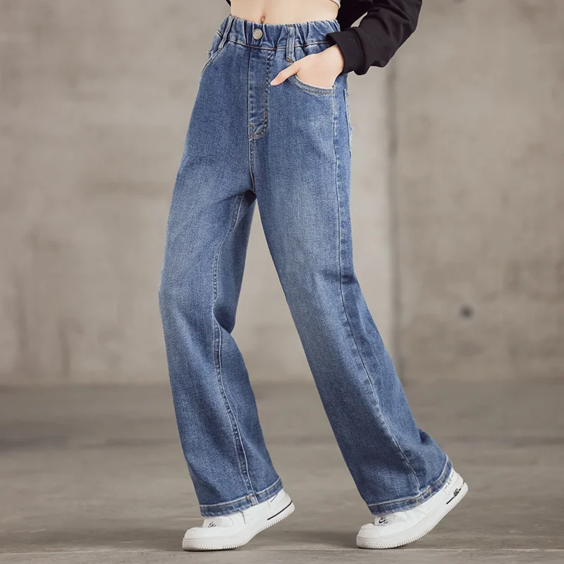 IENENS High Waist Jeans Girl Straight Loose Wide-leg Pants Spring and Autumn Korean Baggy Jeans Fashion Kids Denim Trousers