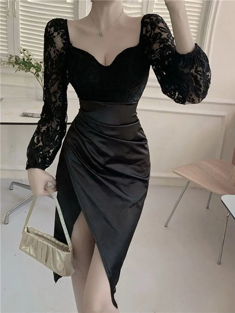 Zoki-Vestido retrô feminino com retalhos, elegante e fino vestido midi sexy com colarinho quadrado, cetim de fenda casual francês, vintage Lady Vestidos