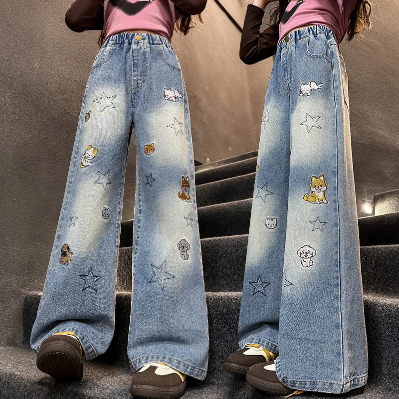 Girls Jeans Spring Autumn Cartoon Wide Leg Jeans for Teenage Kids Heavy Embroidery Star Loose Straight Leg Trousers for Children