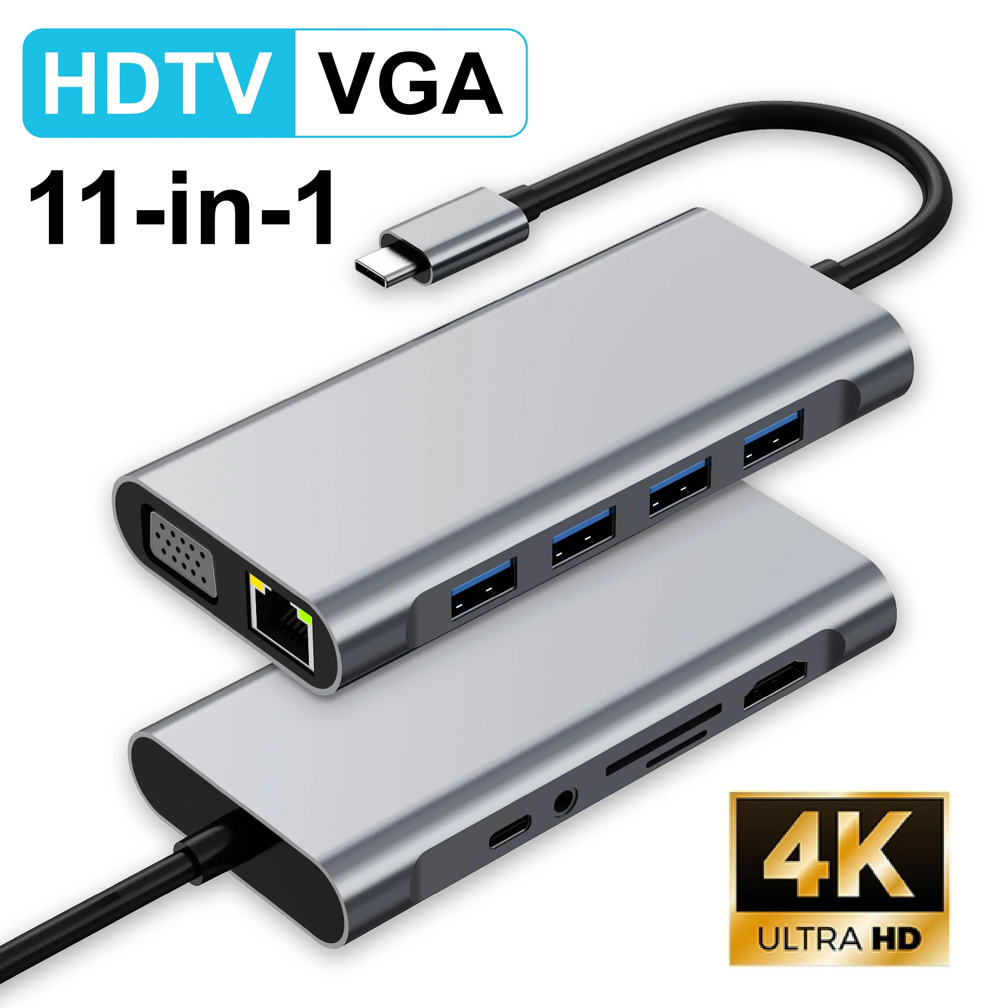

USB C Hub 11-in-1 Docking Station with HDTV 4K@30Hz VGA 1080P 100Mbps Ethernet USB3.0 5Gbps SD TF Audio, for MacBook Laptop