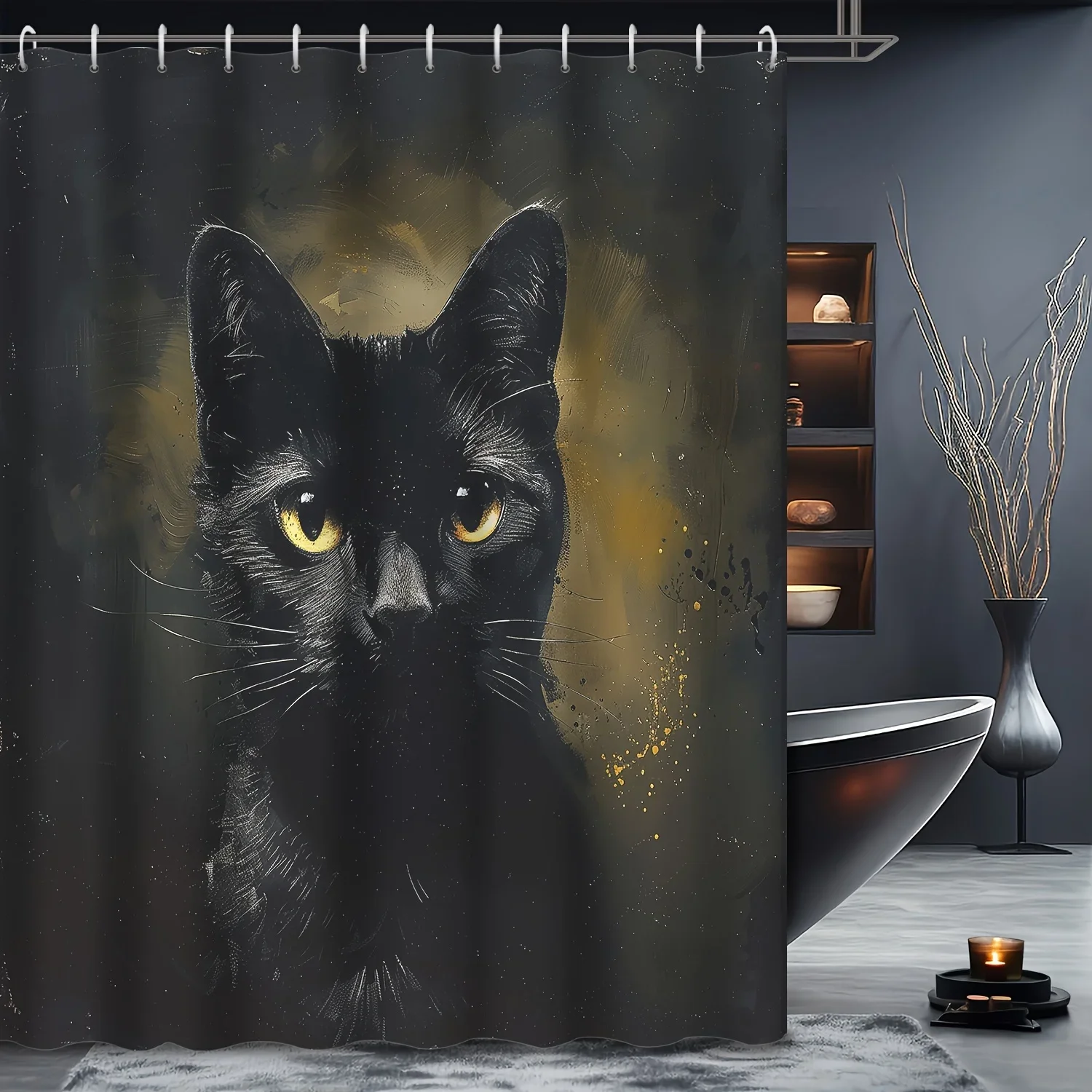 

Гобелен Mystic Black Cat — Enigmatic Feline с золотыми глазами, настенный подвес для гостиной, спальни — элегантный и