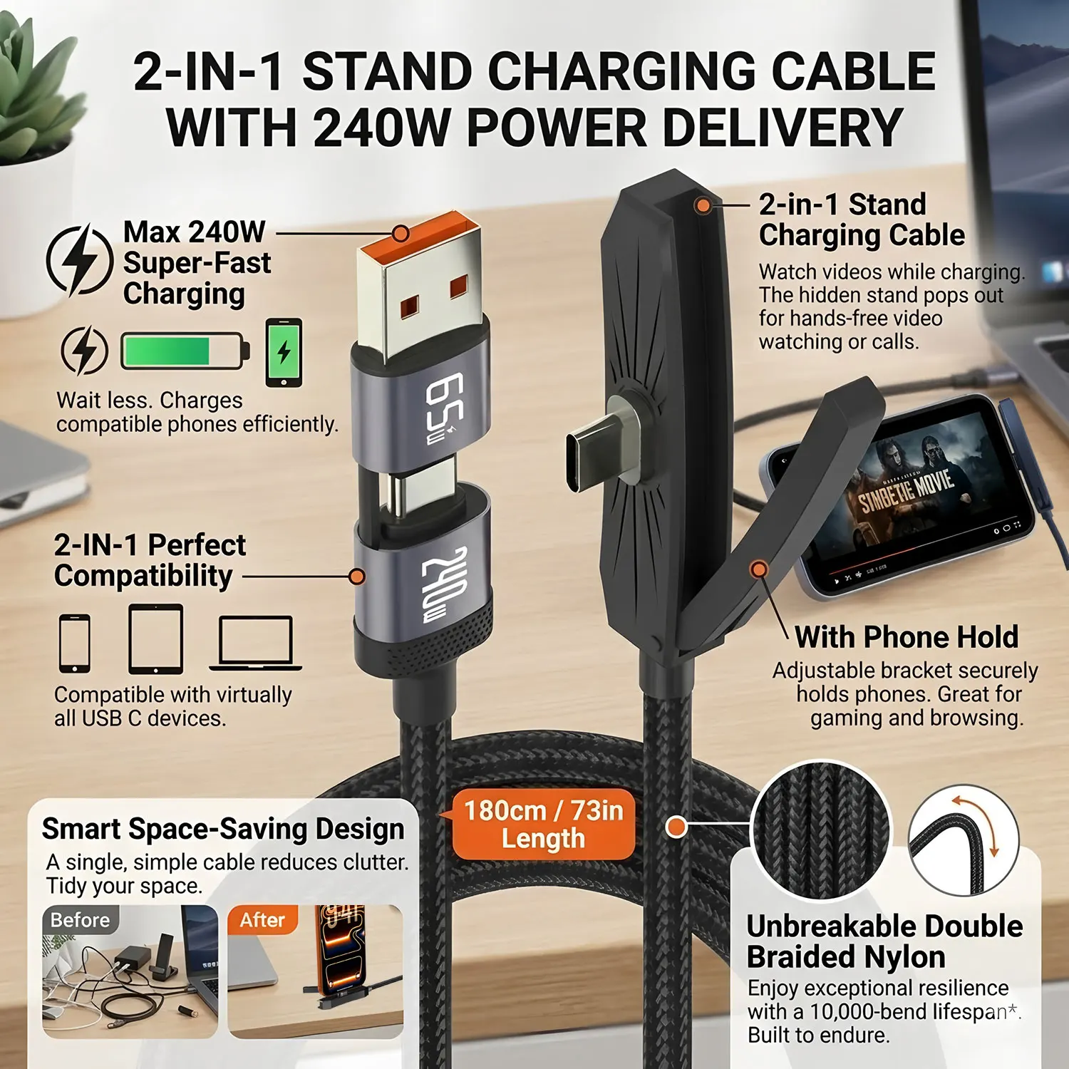 240W USB C Fast Charge Cable Foldable Phone Stand Holder Data Wire Aluminum Alloy Shell Braided Cable for iphone 17 16 Laptop PC
