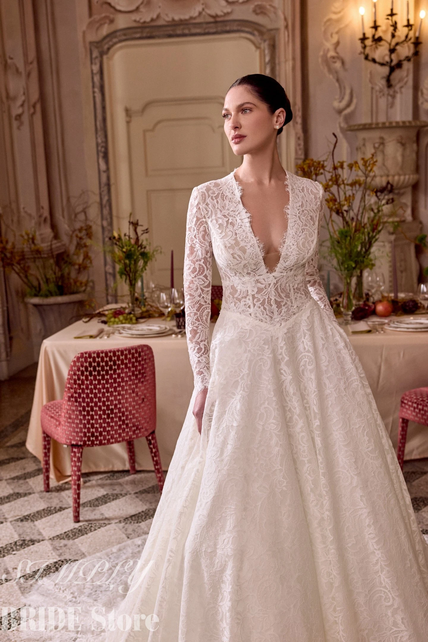 Customized Luxury V Neck Wedding Dresses For Women Long Sleeve Princess Lace Applique Bridal Dress Vestidos De Novia