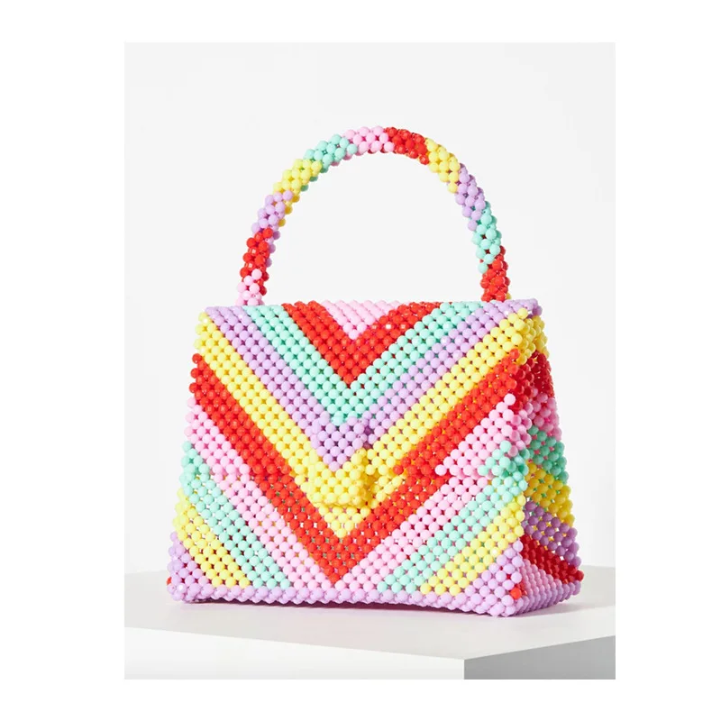 2023 New Triangle Rainbow Acrylic Beaded Flip Handbags for Women Fashion Colorful Splice Design Woven Women\'s Bag Customizable