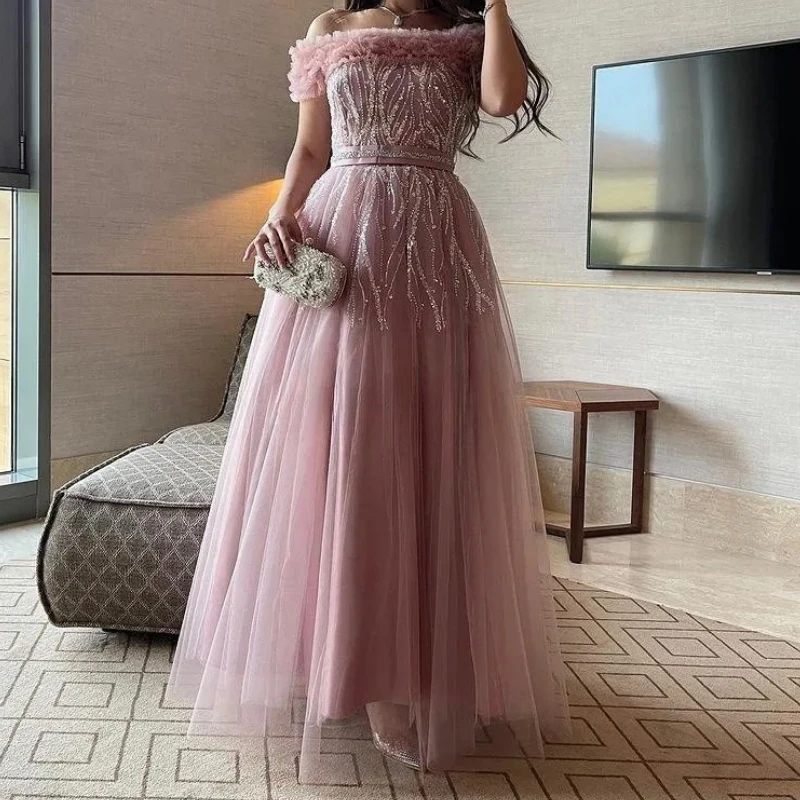 Customized Women Formal Evening Dresses 2025 Off Shoulder Sequined A Line Tulle Long Prom Party Cocktail Gown Homecoming Wear