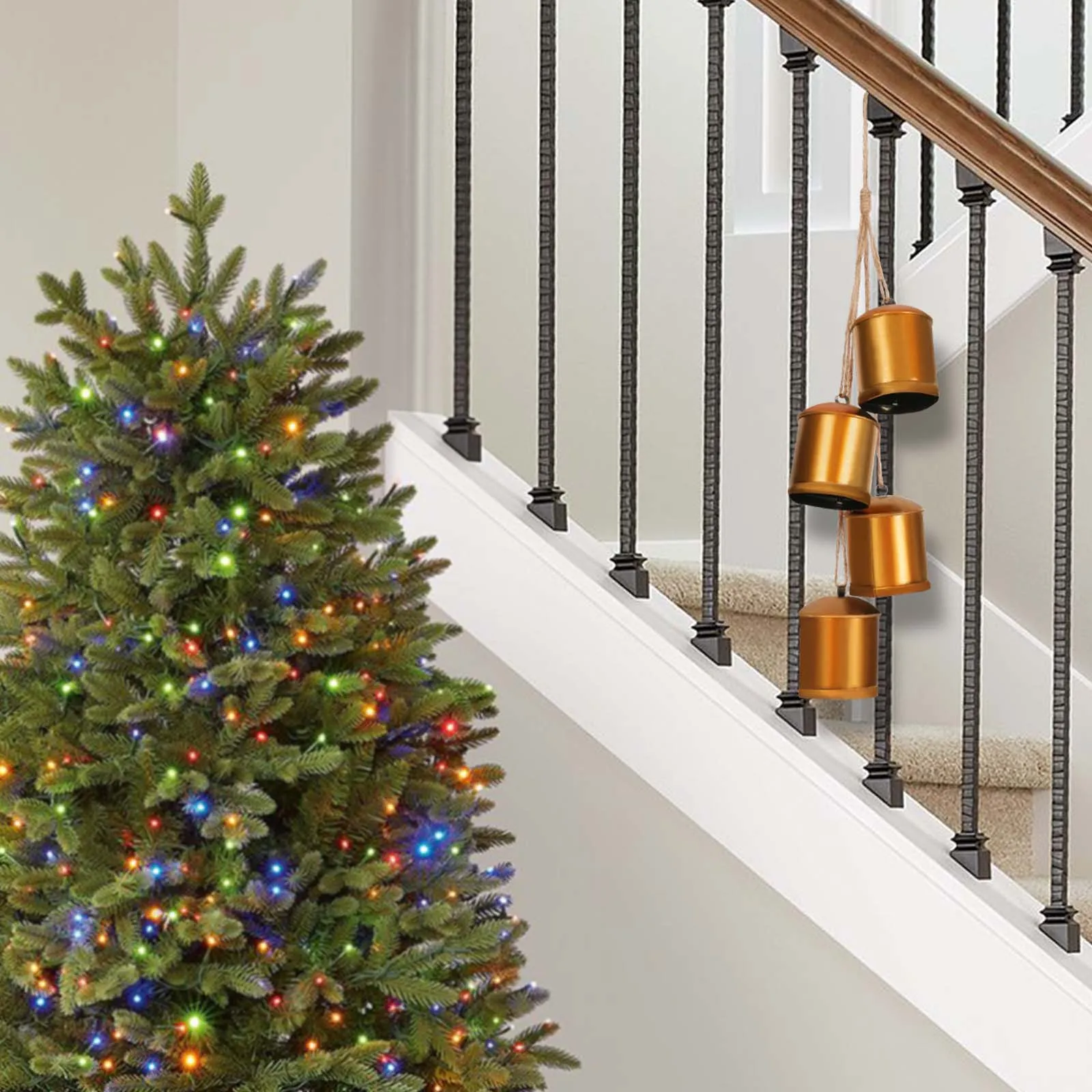 

Durable 4-Bell Set with Aged Look, Iron & Cotton Rope Design, Ideal for Christmas Decor, Creating a Festive Atmosphere with
