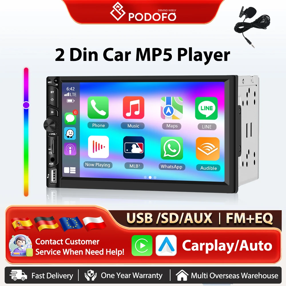Podofo 7'' Kabelloses Carplay Android Auto Radio Universelles MP5 Multimedia-Player BT FM 2din Autoradio Haupteinheit SWC Auto-Intelligenzsysteme Multimedia-Stereo EQ Mirrorlink HD Touchscreen-Monitor