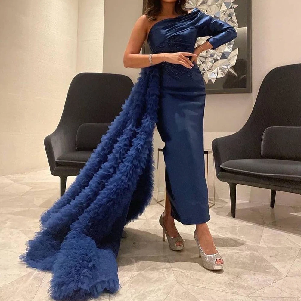 

CustomizedElegant Party Dresses Woman 2024 Blue Tea Length One Shoulder Long Sleeves Satin Straight Pleats Crystal Bespoke Occas
