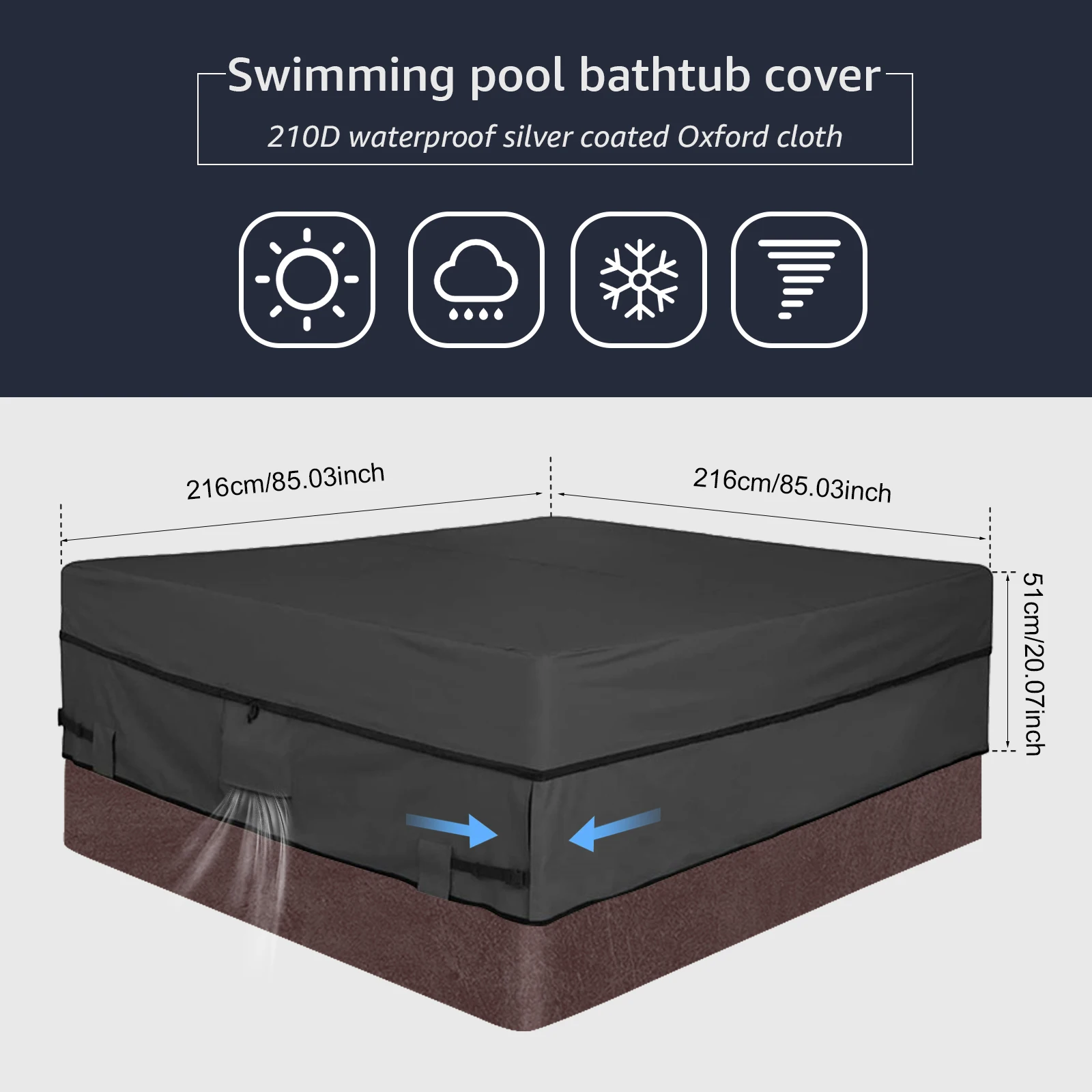 Hot Tub Cover 210D Oxford Spa Covers Waterproof Hot Tub Cover Protector Square Hot Tub Hard Cover Caps for Hot Tubs Outdoor