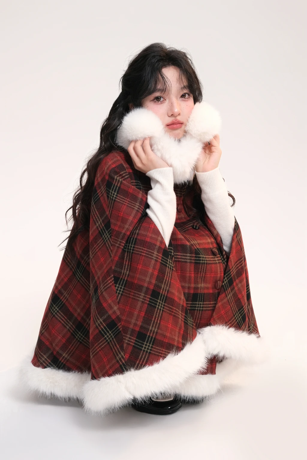 New Year Christmas Sweet Capes Set Fur Collar Single-Breasted Sleeveless Loose Plaid Thick Warm Cloak Coat Women Winter Jacket