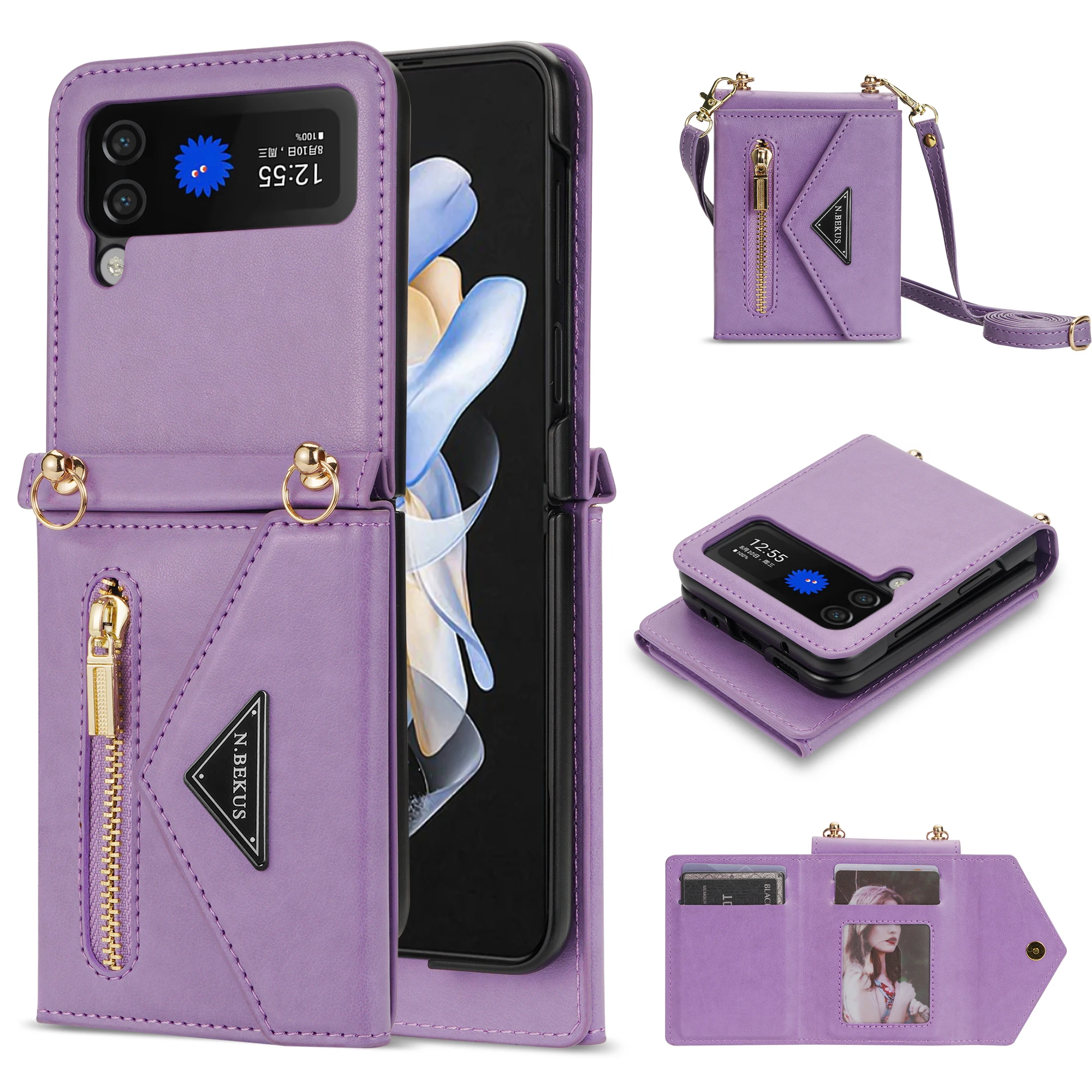 Crossbody Lanyard Necklace Leather Case for Samsung Galaxy Z Flip 3 4 5G Z Flip3 Zflip4 Zipper Card Slots Shockproof Back Cover