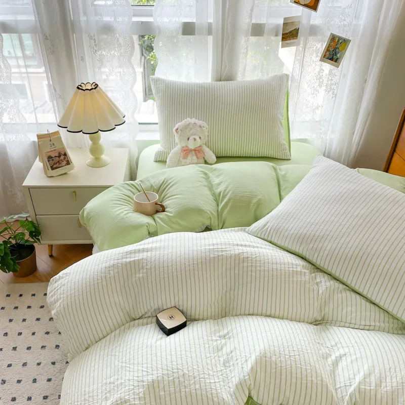 INS Seersucker Stripes Duvet Cover Pillowcases Flat Sheet Girls Bedding Set Washed Cotton Solid Color Bed Linen Single Size