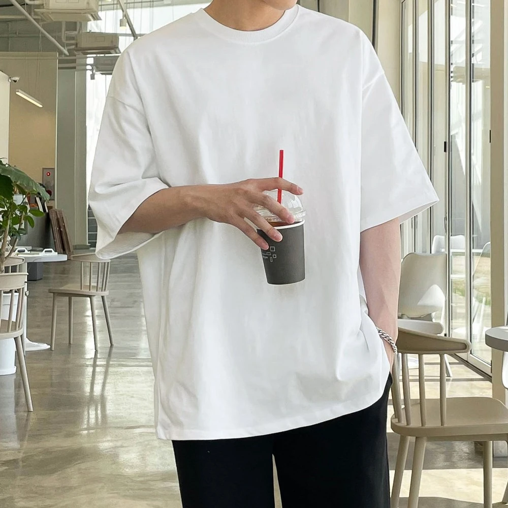 Men Women Minimalist Letter Print Back T Shirt Oversized Loose White Short Sleeve Tee Korean Casual Basic Cotton Streetwear Top