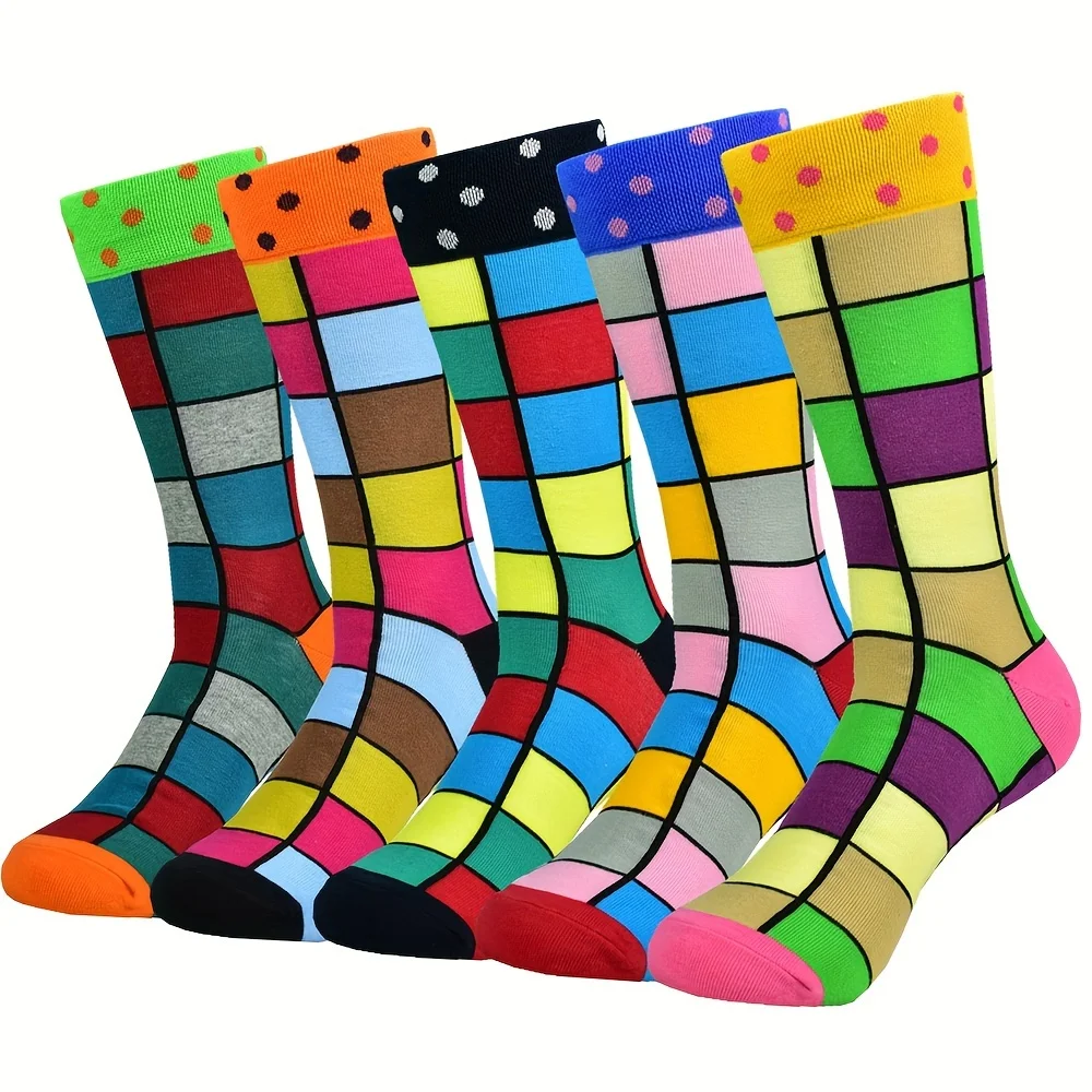 5pairs Unisex Cotton Casual Couple Novelty Funny Colorful Pattern Crew Socks For Men Women