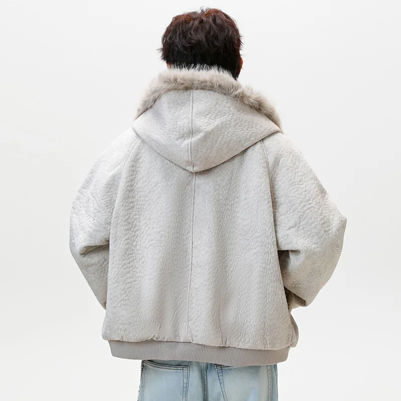 الشتاء الداخلية الفراء طوق مقنعين سترة الرجال الشارع الشهير خمر موضة فضفاضة عادية سميكة الدافئة قصيرة Bomber سترة صديقها معطف