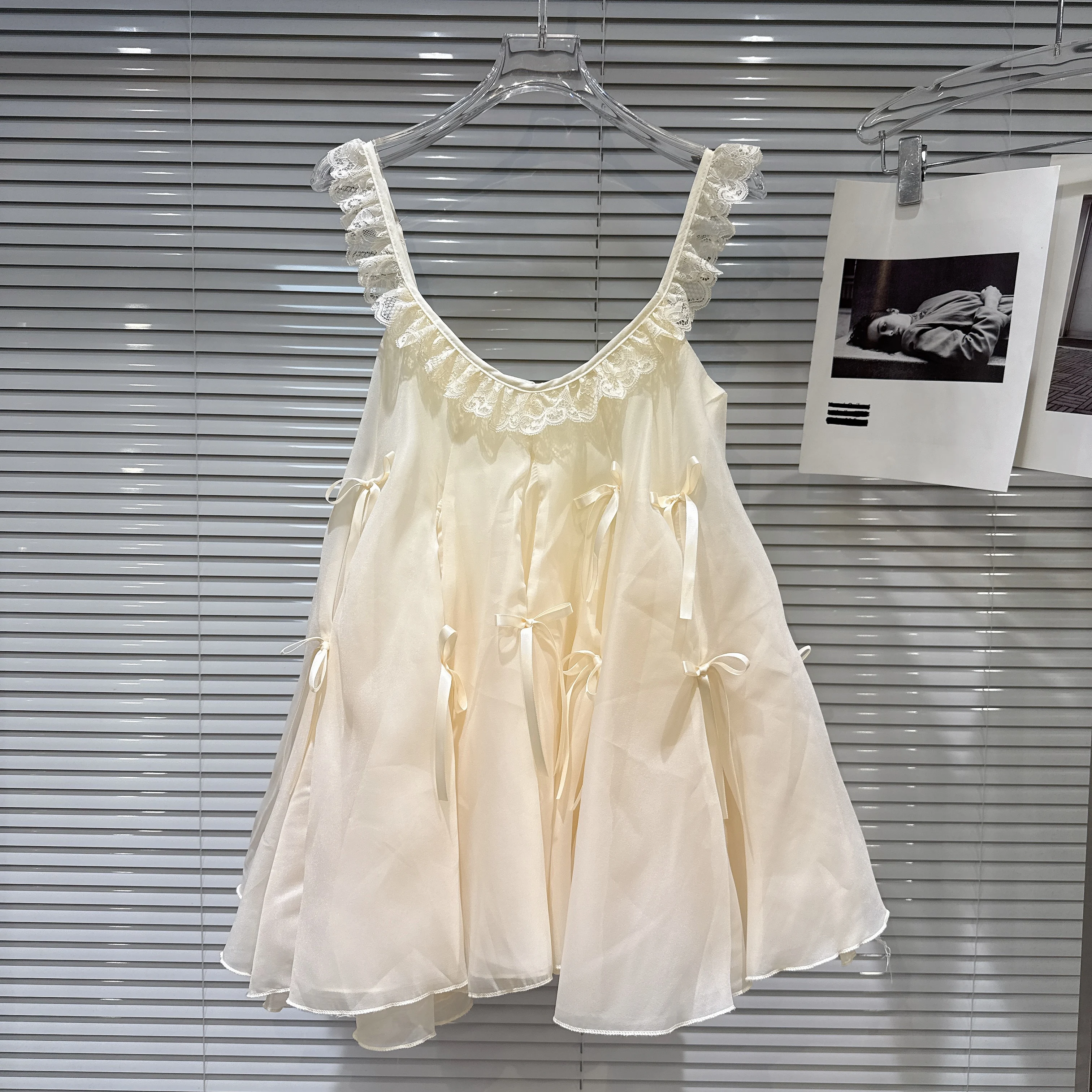 

2025 Summer New French Sweet Lace Straps Bow Chiffon Dress Sleeveless Dress