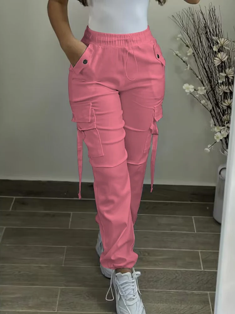 Damen Cargo hose Frühlings mode Street Pocket Design Kordel zug Manschetten hose Damen täglich lässig schlichte lange Hose