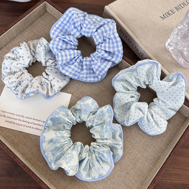 2024 Sea Blue Polka Dot Scrunchies Fashion Gilrs Floral Plaid Large Intestine Hair Ties Ropes Women Sweet Versatile Rubber Bands