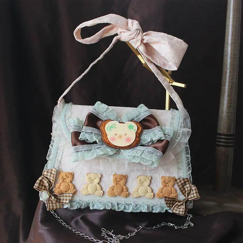 Bolso de Hombro Estilo Japonés Sweet Lolita con Diseño de Pastel, Dulce, Romántico, Verde Menta, Encaje, Galletas de Chocolate, Oso, Lazo y Flor