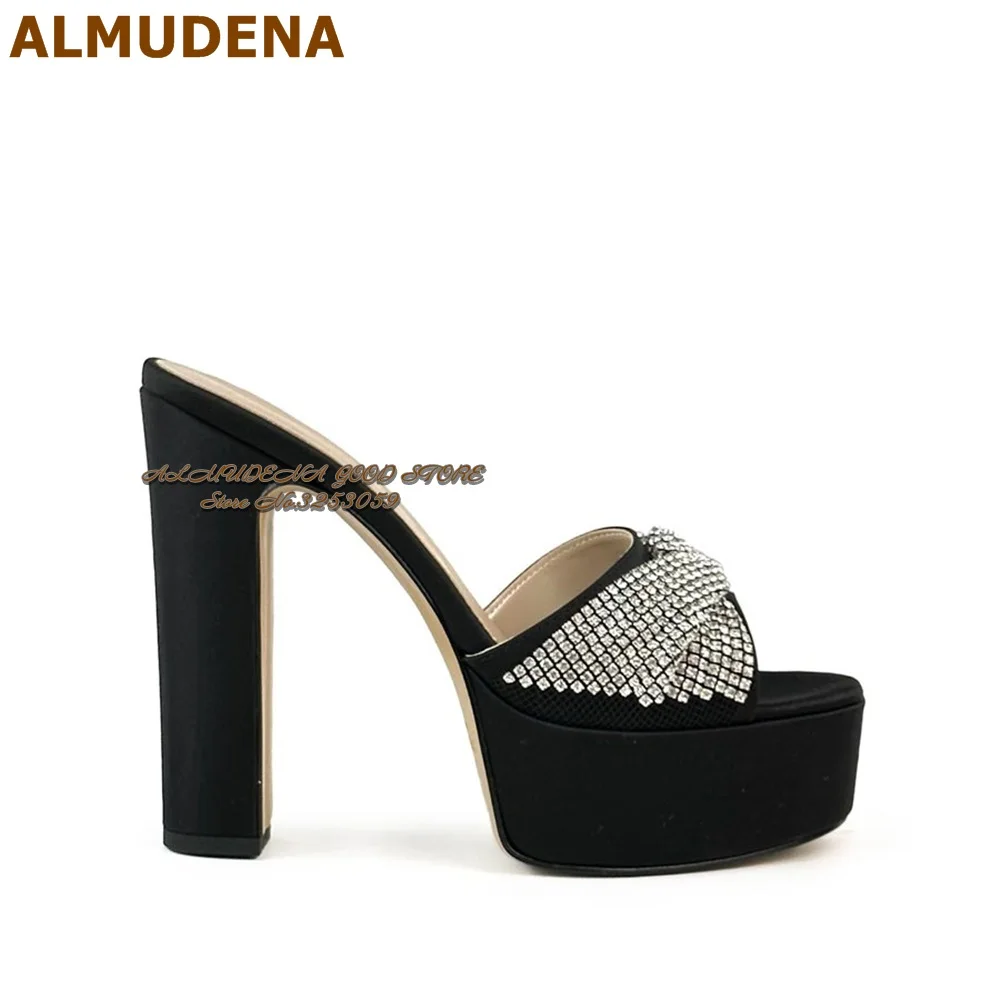 ALMUDENA Bling Bling Silver Crystal Butterfly-knot Modern Slippers Black Satin Cloth Chunky Heel Platform Glitter Sandals