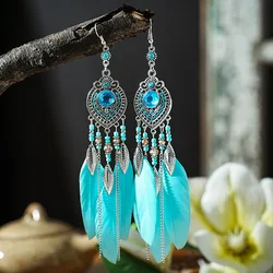 Boho Feather Long Leaf Tassel Drop Earrings For Women Geometric Rhinestone Crystal Beads Handmade Chain Wedding Earrings Jewelry