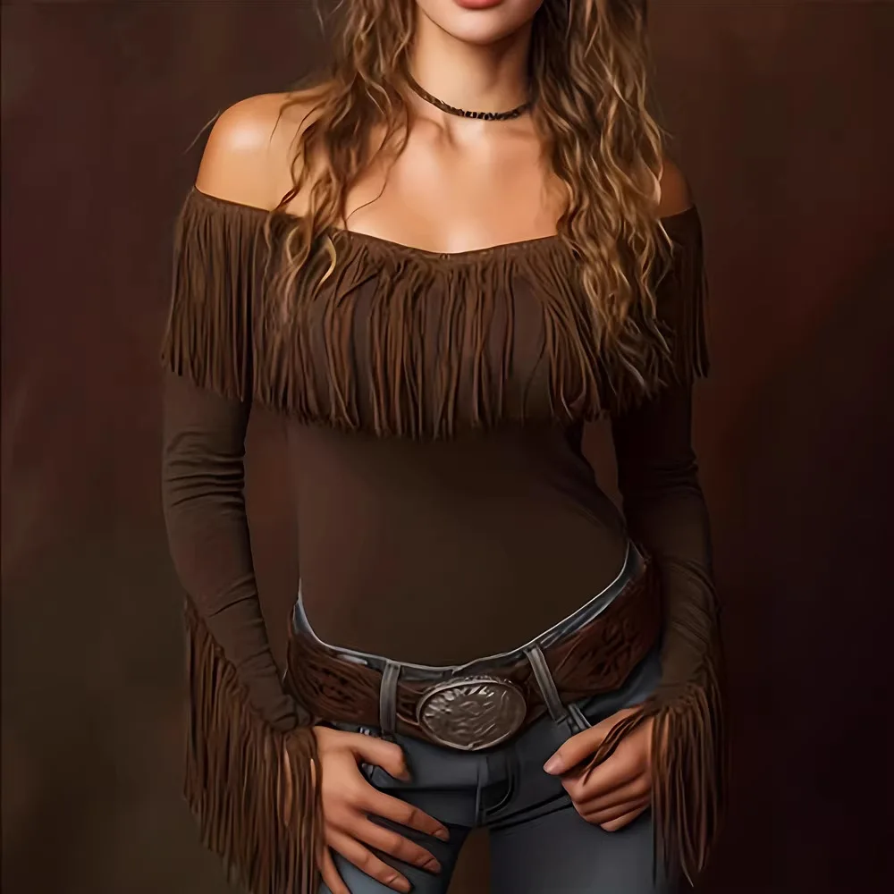 

Sexy Off Shoulder Wrap Chest Tight Body T Shirt Women Long Sleeves Tassel Retro Western Style Top Ladies Tee Tops Camisetas