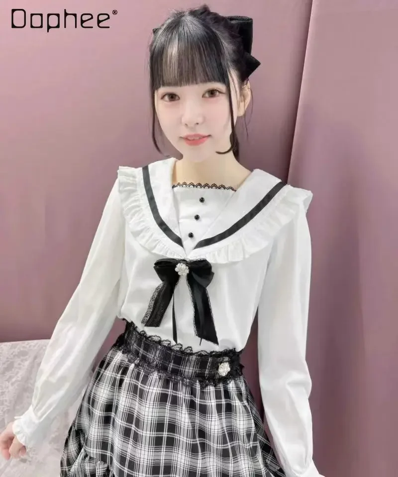 

Lolita Sweet Shirt Women 2023 Spring Autumn New Japanese Sailor Collar Mine Mass-Produced Strap Brooch Pink Black Blouse Female