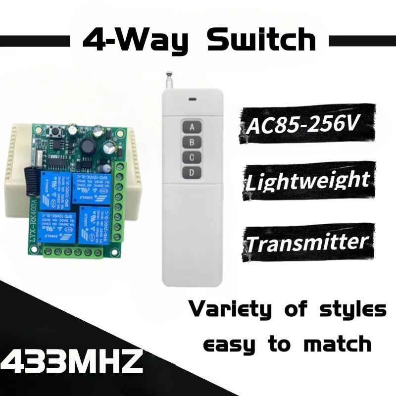 

433MHz Remote Control Switch AC 110V 220V 4-Channel RF Wireless Relay Module Transmitter for Garage Doors Light Fixtures