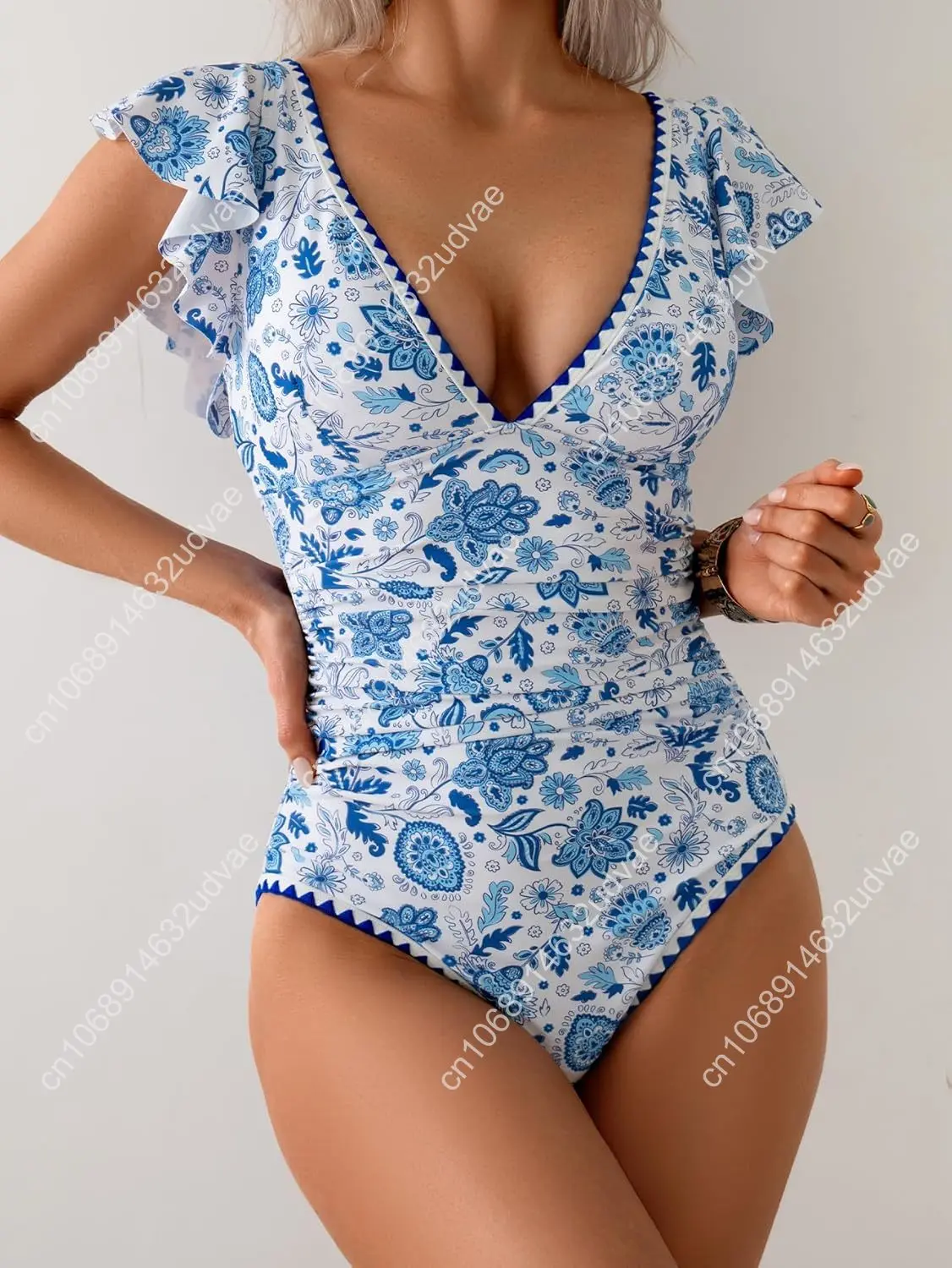 Women's One Piece Ruffle Swimsuit Tummy Control Bathing Suit V Neck Shell Stitched Swim Suit Slimming Swimwear
