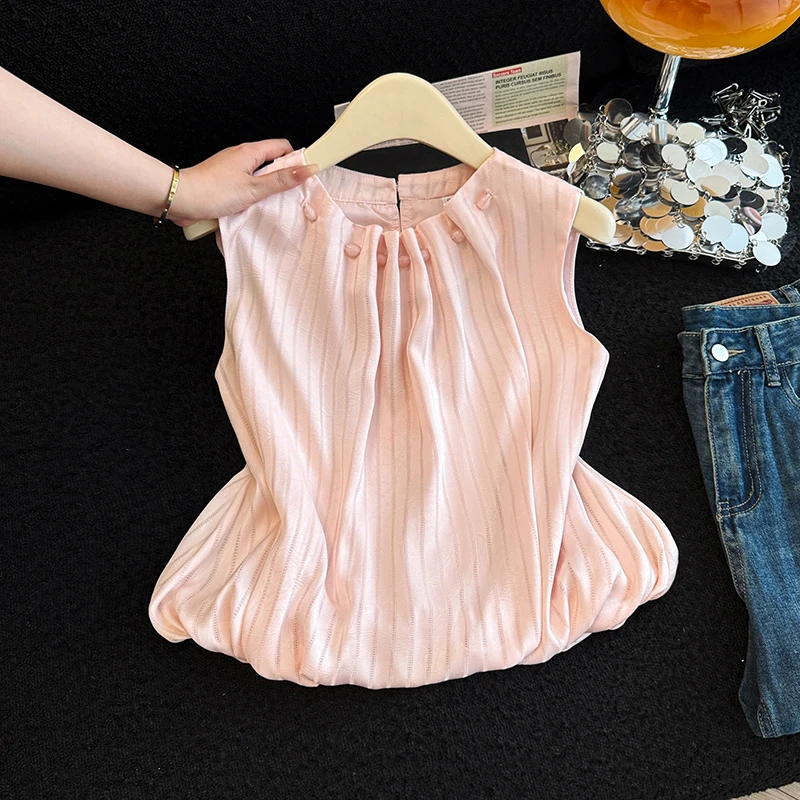 Cherry Blossom Bud Sleeveless Gathered Shirt Women's Summer New Fashion Design Outerwear Beaded round Neck Vest Top