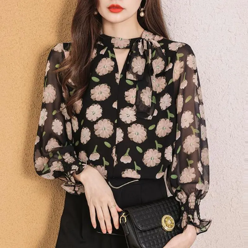 Female Clothing Broken Flowers Blouse Fashion Cut Out Round Neck Spring Long Sleeve Shirring Commute Elegant Bandage Bow Shirt