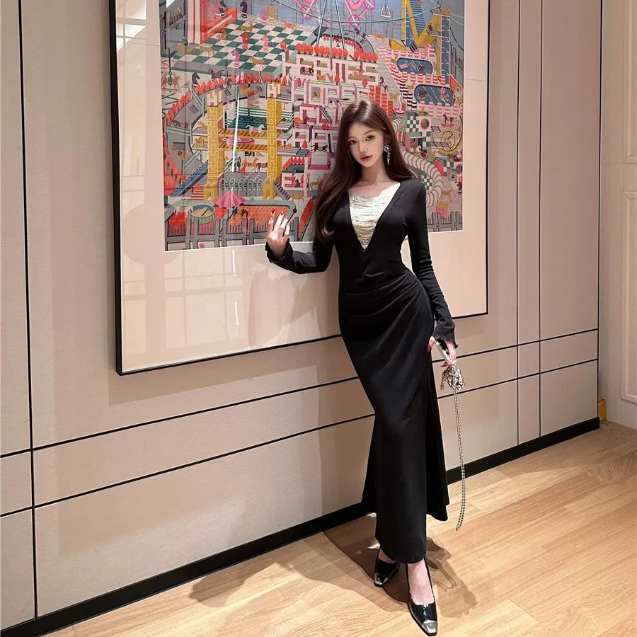 خريف شتاء ريترو مثير عميق الخامس Ne لصق طويل Sve مطوي الخصر في ذيل فاي الدكتور تنورة طويلة المرأة عالية الخصر تخفيف Sle